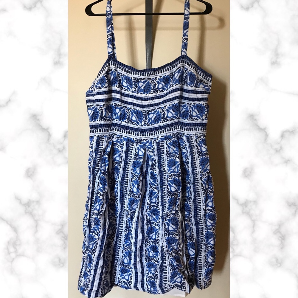 LOFT Blue & White Floral/Stripe Strappy Sun Dress